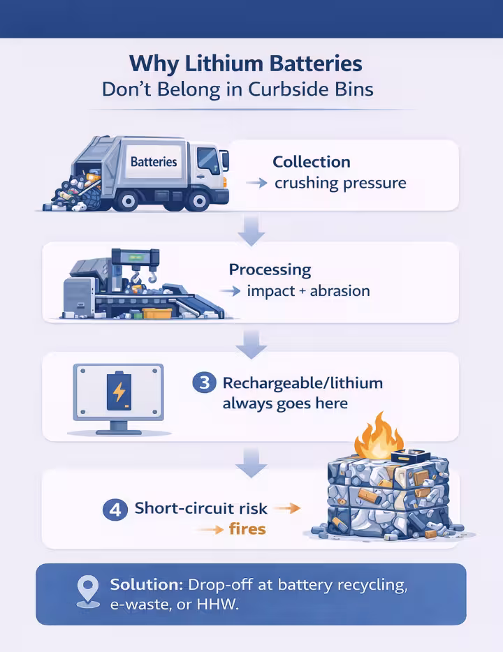 Infographic showing how trash and recycling equipment can crush lithium batteries and cause fires.
