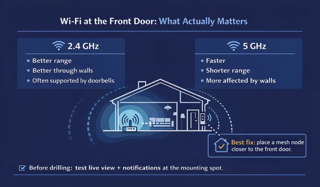 Comparison of 2.4 GHz vs 5 GHz Wi-Fi for doorbells and a house diagram showing best fix: add a mesh node closer to the door.