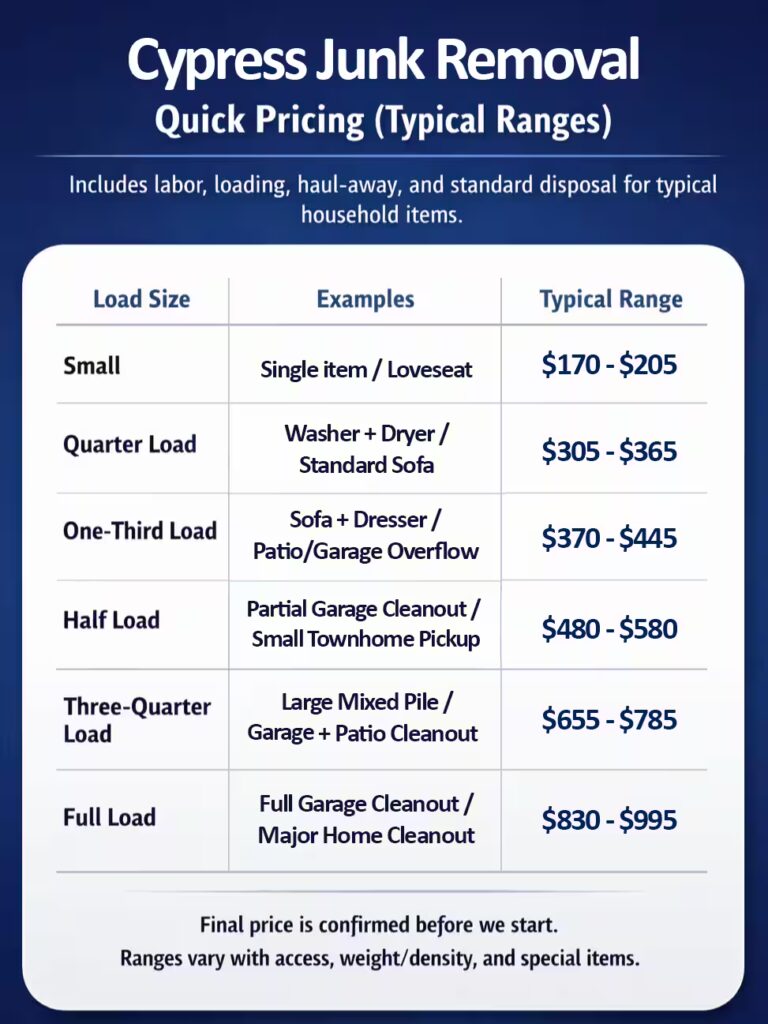Cypress junk removal pricing infographic showing typical ranges for small, quarter, one-third, half, three-quarter, and full load pickups.