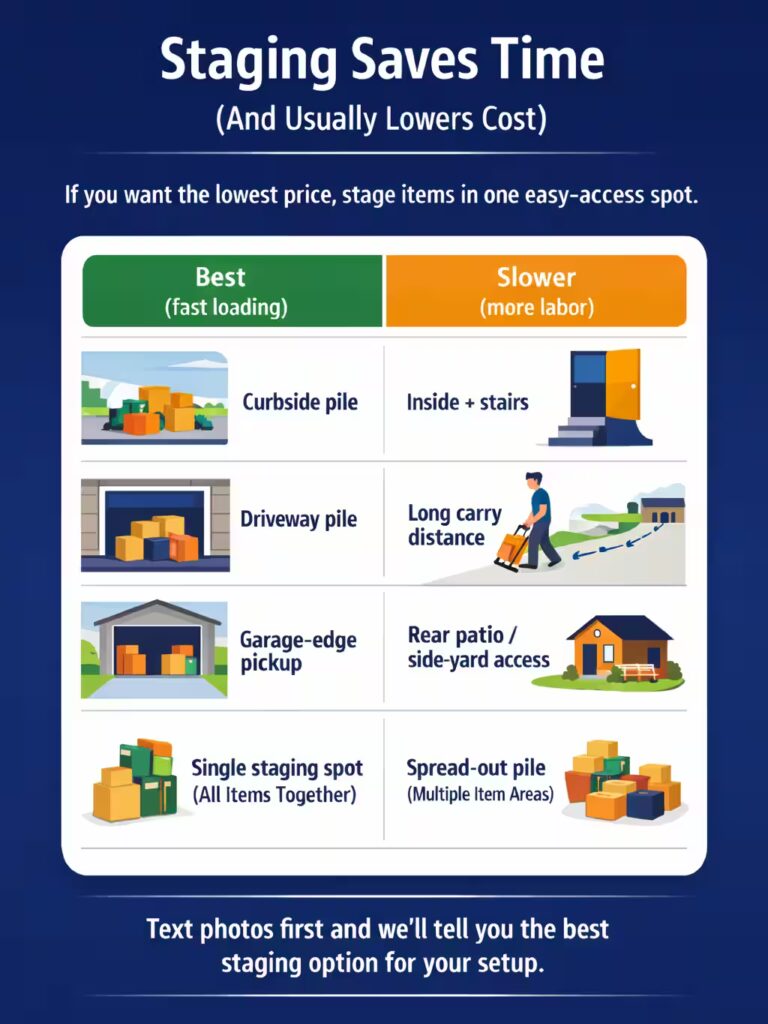 Junk removal staging infographic showing faster loading options like curbside, driveway, garage-edge pickup, and single staging spot versus slower options like inside stairs, long carry distance, rear patio or side-yard access, and spread-out piles.