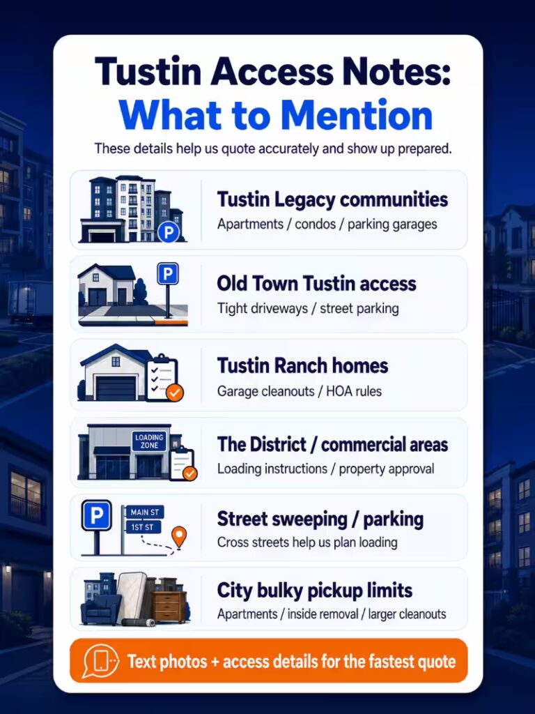 Tustin junk removal access notes infographic showing apartment access, Old Town parking, HOA rules, street sweeping, and bulky pickup limits.